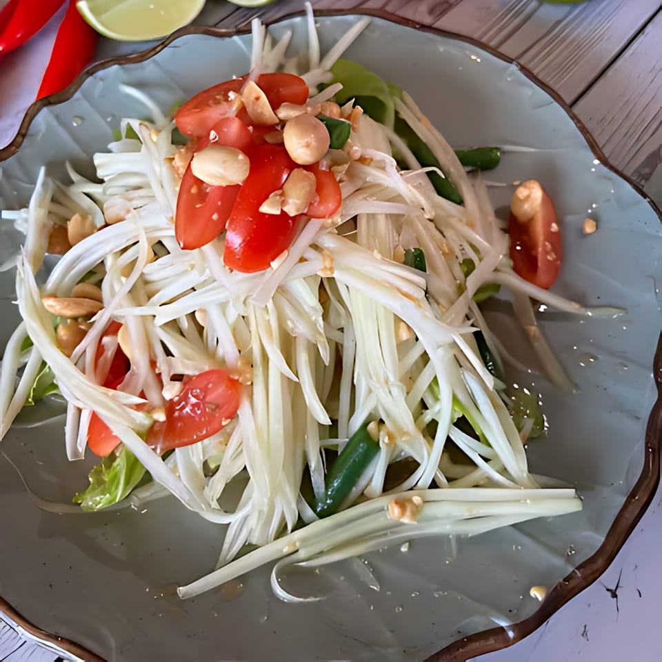 Close-up of a Thai papaya salad with shredded papaya, tomatoes, peanuts, and green beans.