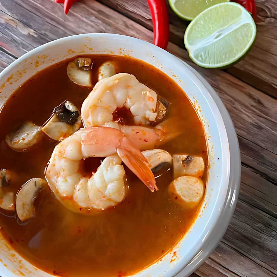 Close-up of a bowl of Tom Yum soup with shrimp and mushrooms, garnished with lime and chili.